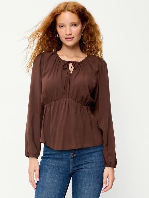 Long-Sleeve Ruched Tie-Neck Top