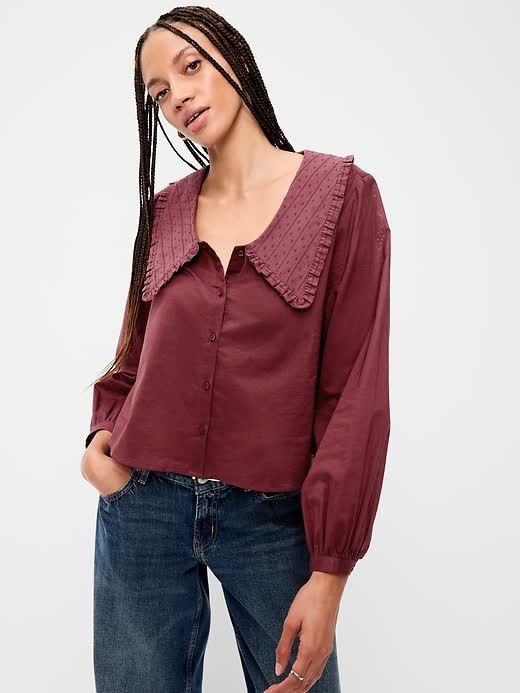 Long-Sleeve Statement Collar Button-Front Top